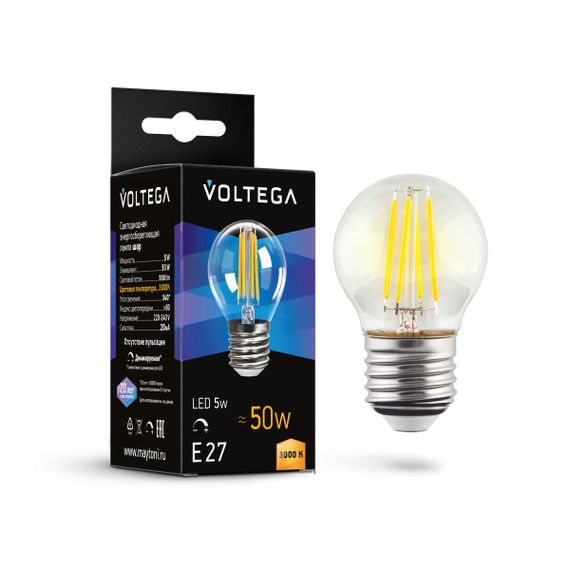 Лампа светодиодная диммируемая Voltega E27 5W 3000К прозрачная 7202