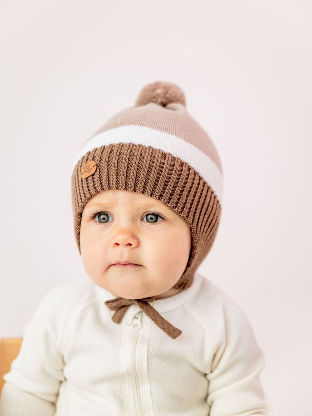 Шапка зимняя из смесовой шерсти в полоску "Какао" 0+