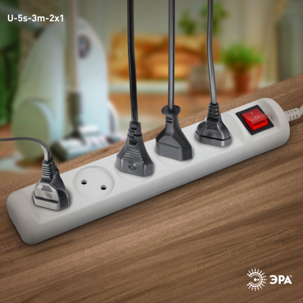 Удлинитель электрический ЭРА U-5s-3m-2x1 без заземления c выключателем 5 розеток 3м ПВС 2x1мм2 10А