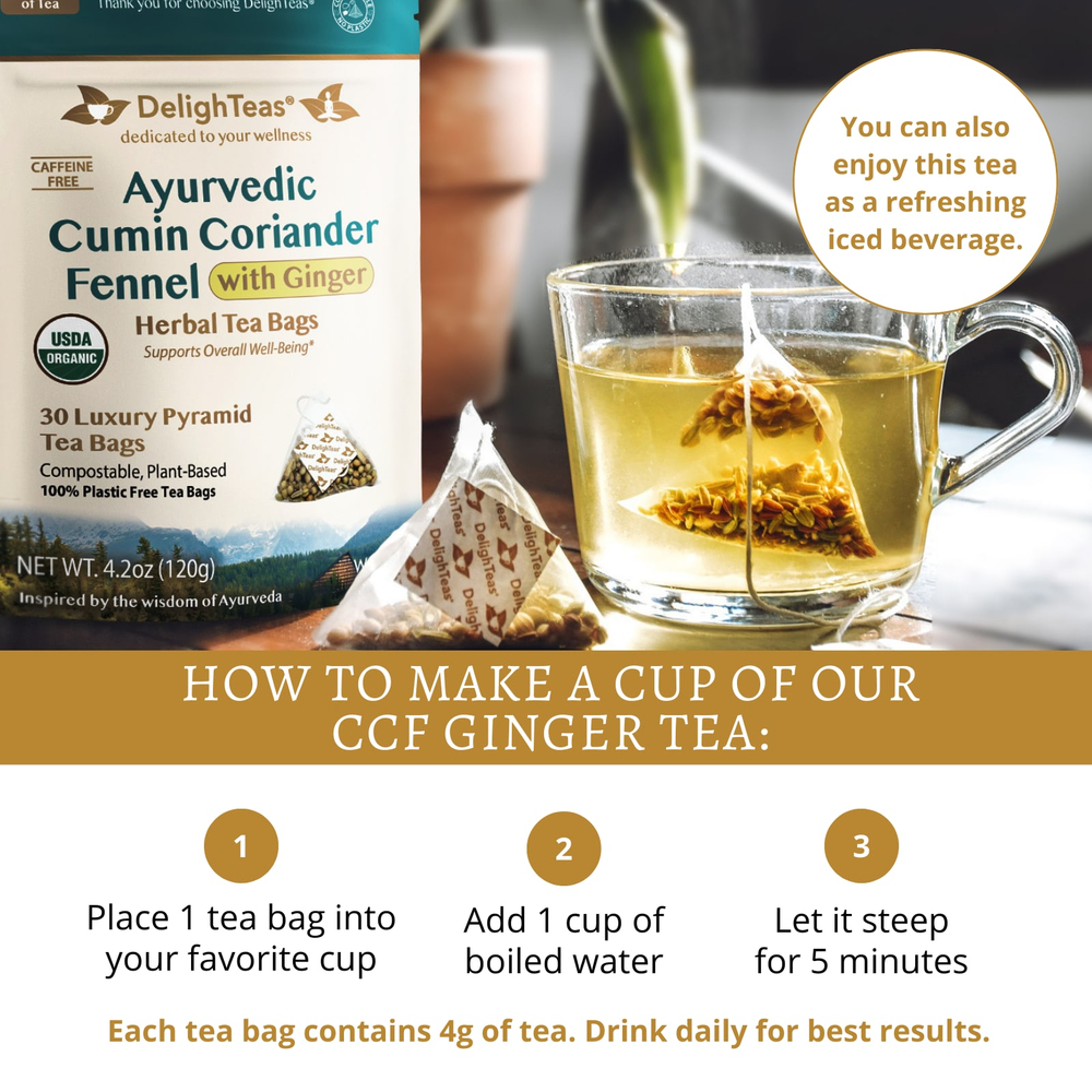 DelighTeas, Аюрведический кумин, кориандр и фенхель, травяной чай для выведения токсинов, без кофеина, 30 роскошных пакетиков-пирамидок, 120 г (4,2 унции)