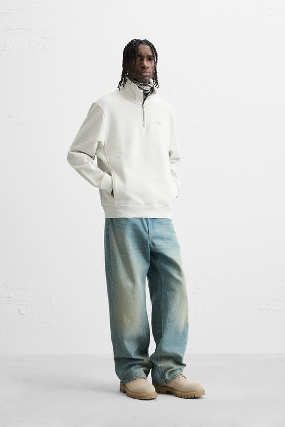 ZARA ТОЛСТОВКА С ВЫШИТЫМ ВОРОТНИКОМ НА МОЛНИИ, СЕРЫЙ С МЕЛАНЖЕВЫМ ЭФФЕКТОМ