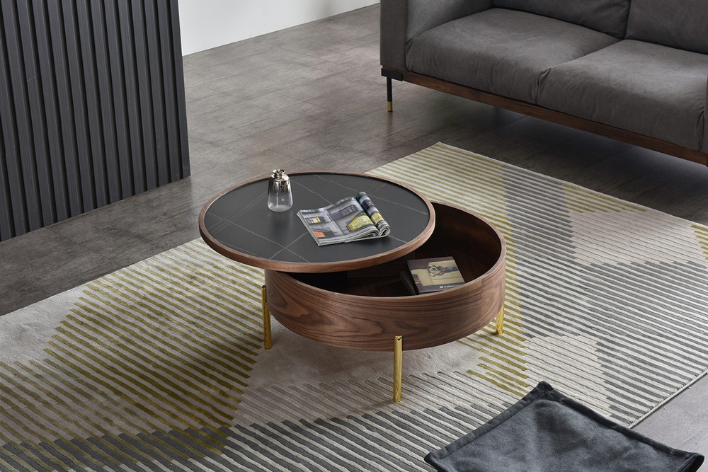 Стол журнальный CT6057CS (D80) черная керамика/орех/золото