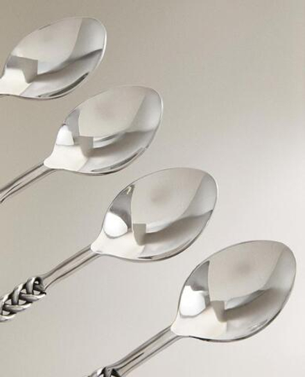 ZARA HOME НАБОР ДЕСЕРТНЫХ ЛОЖЕК С ПЛЕТЕНЫМИ РУЧКАМИ (4 ШТ.), СТАЛЬНОЙ СЕРЫЙ