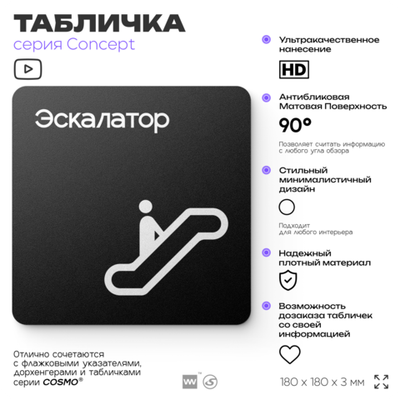 Табличка Эскалатор, на дверь и стену, навигационная и информационная, серия CONCEPT, 18х18 см, Айдентика Технолоджи