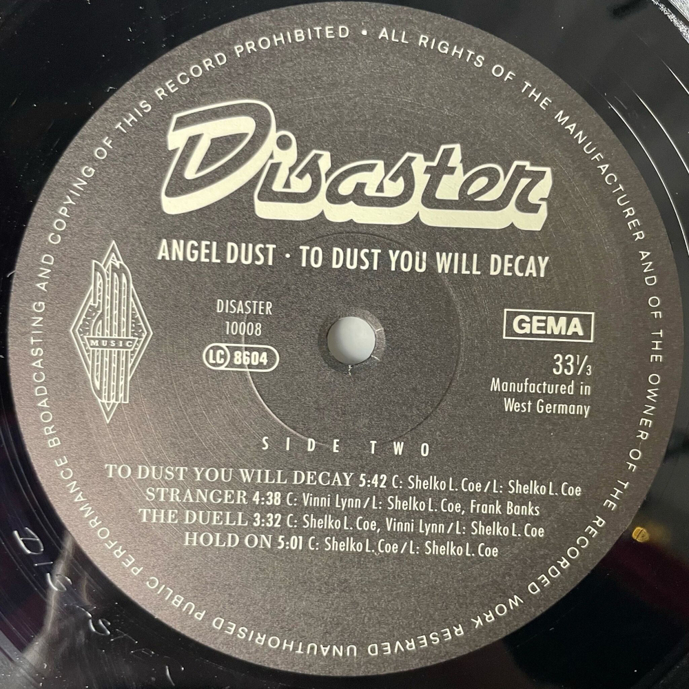 Винтажная виниловая пластинка LP Angel Dust To Dust You Will Decay (Germany 1988)