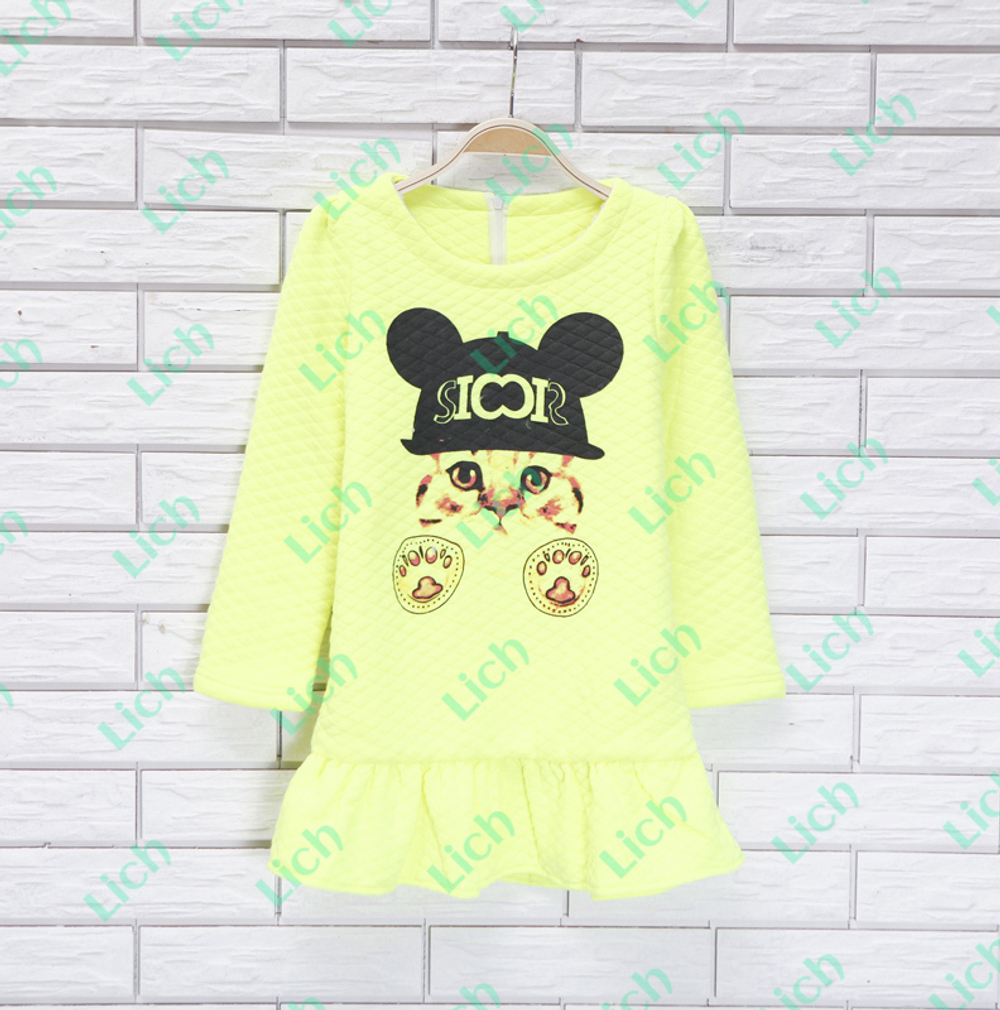 Платье детское утепленное стеганое с принтом кота