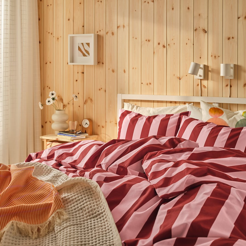 IKEA SLÅNHÖSTMAL (ИКЕА СЛÅНХÖСТМАЛ) - Пододеяльник и 2 наволочки, темно-красный в полоску.200x200/50x60 см