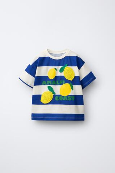 ZARA ФУТБОЛКА В ПОЛОСКУ С ФРУКТОВЫМИ НАШИВКАМИ, ЯРКО-СИНИЙ
