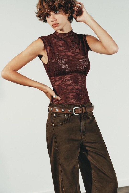 ZARA КРУЖЕВНОЙ ТОП, ТЕМНО-РОЗОВЫЙ