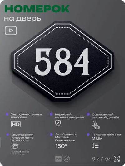 Номерок на дверь квартиры 584, для кабинета, офиса, шильдик 9 х 7 см, черный, Айдентика Технолоджи