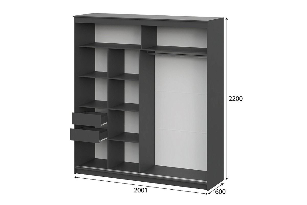 Шкаф-купе с зеркалом для одежды, Графит серый, 200х60х220 см