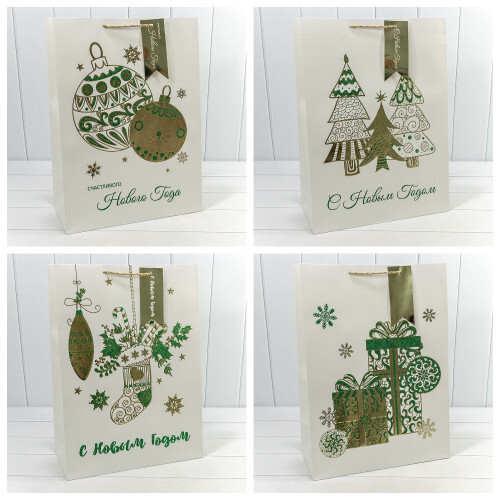 Пакет подарочный 40 х 55 х 20 см Набор 4 шт "Новый год" с тиснением (Белый)