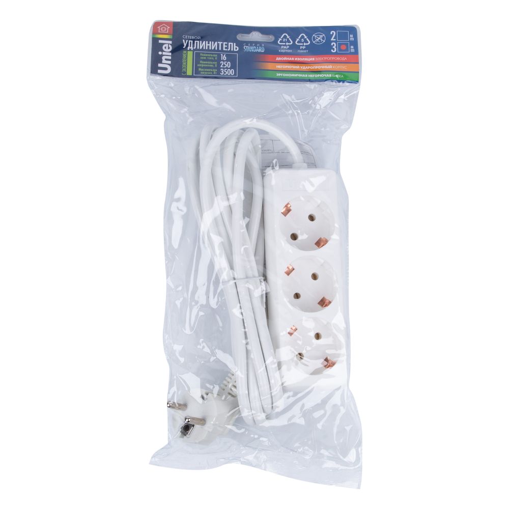 S-GCD3-3 Удлинитель Uniel серии Стандарт. с-з. 3 гн.. шнур 3 м