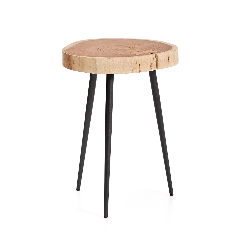 Приставной столик Tanive из акации с выбеленной отделкой и черными стальными ножками Ø35 см