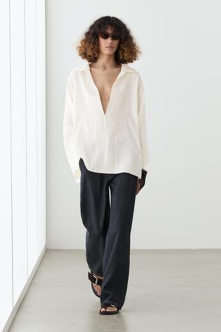Massimo Dutti Блуза из струящейся ткани с декоративными швами, натуральный/кремовый