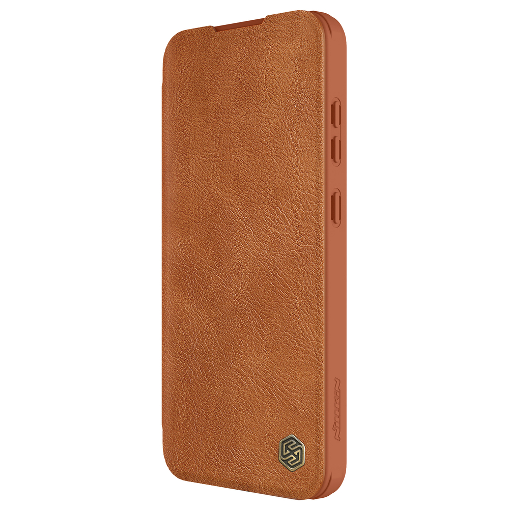 Кожаный чехол книжка коричневого цвета от Nillkin для Samsung Galaxy S24 FE, серия Qin Pro Leather с защитной шторкой для камеры