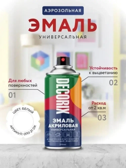 Краска аэрозольная белая глянцевая акриловая DECORIX - эмаль в баллончике для любых поверхностей 210 мл