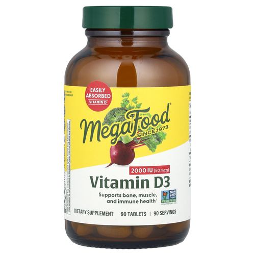 MegaFood, витамин D3, 50 мкг (2000 МЕ), 90 таблеток