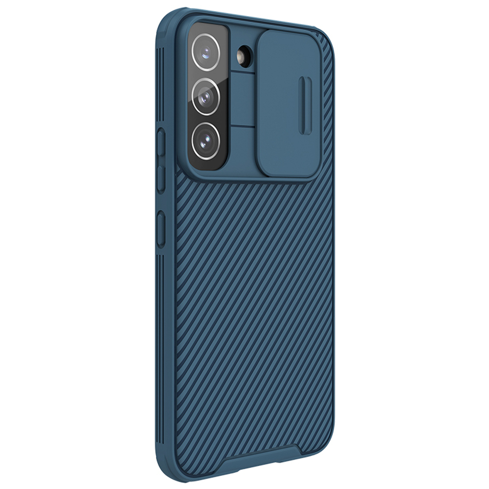 Чехол синего цвета от Nillkin на Samsung Galaxy S22+ Плюс, серия CamShield Pro Case, с сдвижной крышкой для камеры