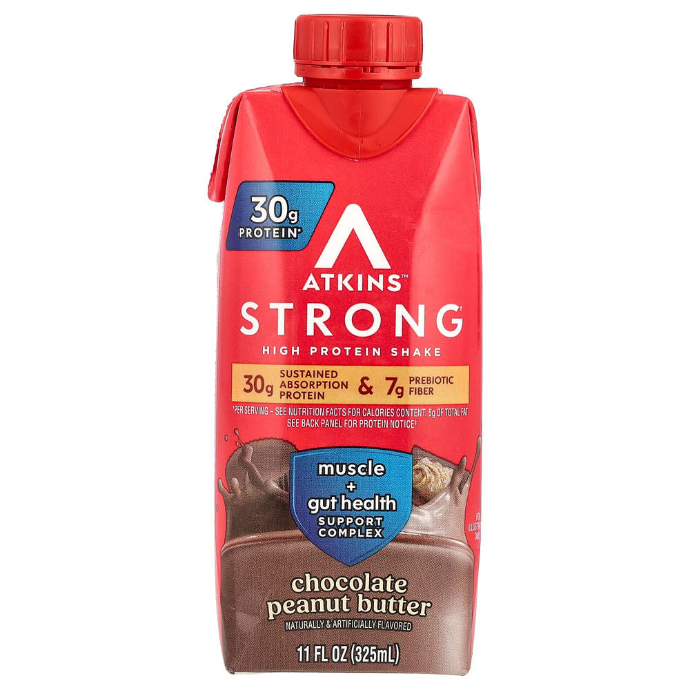 Atkins, Strong, высокопротеиновый коктейль, шоколадно-арахисовая паста, 4 коктейля, 325 мл (11 жидк. унц.)