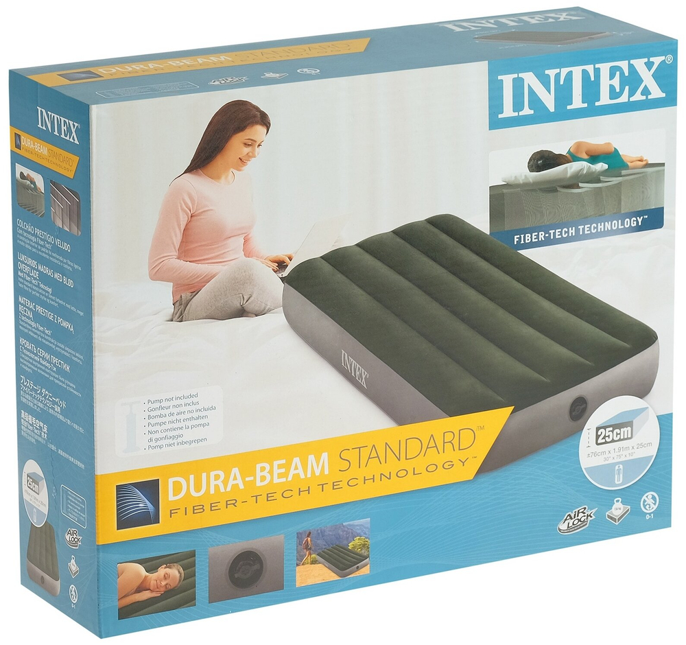 Мaтрас нaдувной Intex 64106 Deluxe Twin 76х193х25 см / Крoвать нaдувная Интeкс односпальная узкая велюровая для дома и туризма