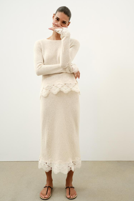 ZARA ЮБКА ИЗ ТКАНИ РУСТИК С КРУЖЕВОМ КРОШЕ, ПЕСОЧНЫЙ