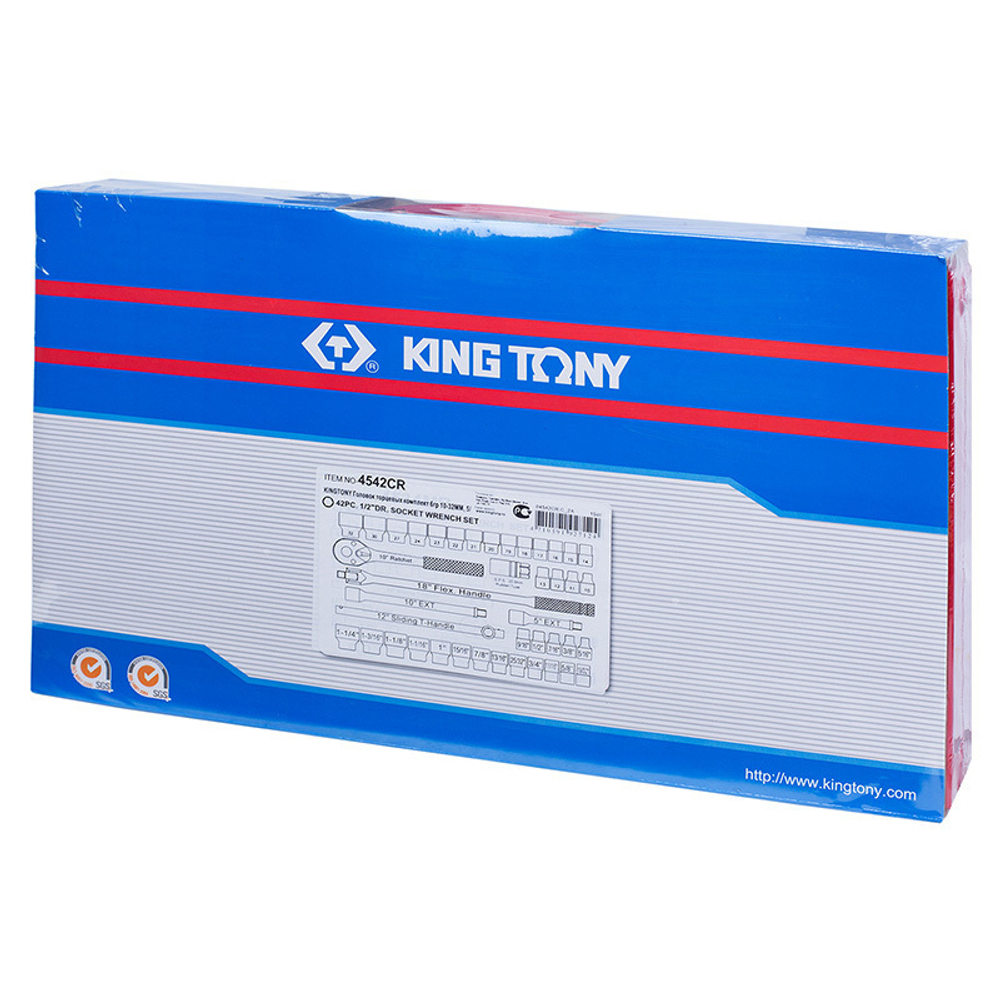 KING TONY (4542CR) Набор торцевых головок с принадлежностями 1/2", 6-гранные, 10-32 мм и 5/16"-1&1/4", 42 предмета