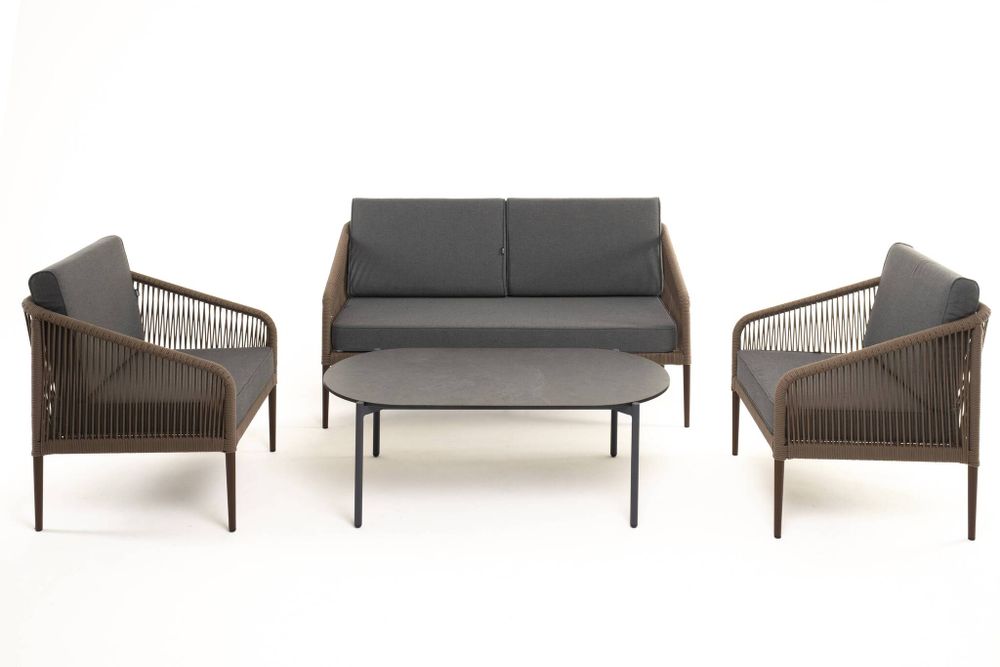 "Канны" лаунж-зона 4-местная из роупа со столом "Верона" (серый гранит), каркас алюминиевый коричневый, роуп коричневый