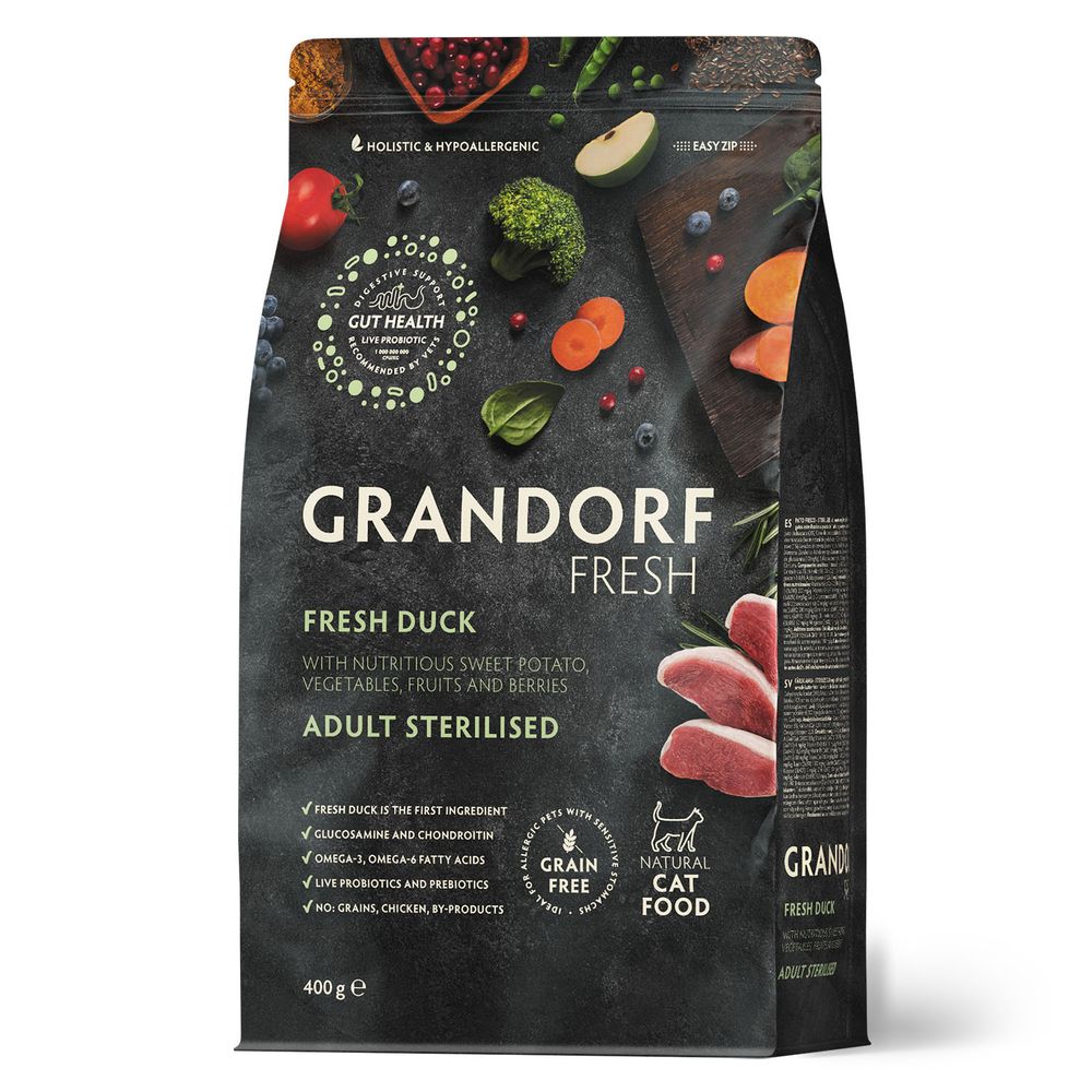 Беззерновой корм с живыми пробиотиками GRANDORF Fresh Cat STERILISED Duck&amp;Sweet Potato Свежее мясо утки с бататом для стерилизованных кошек 2 кг