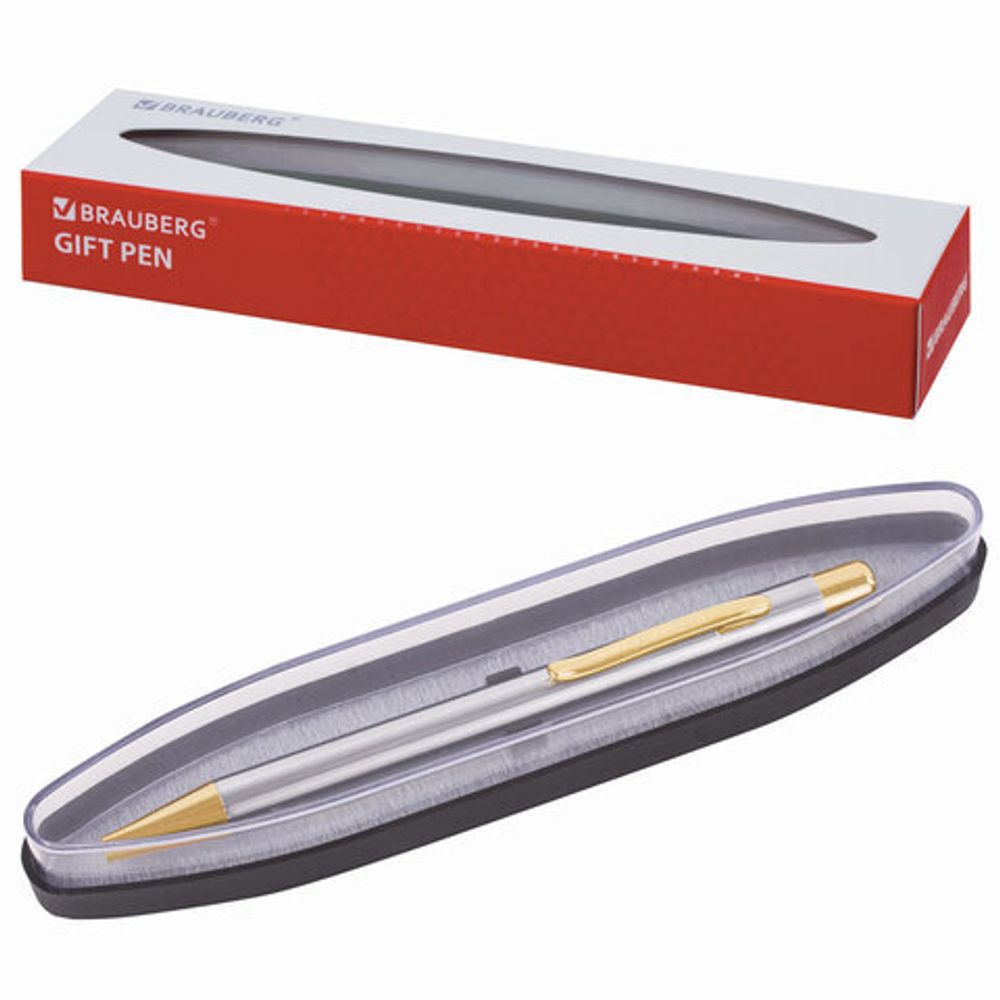 Ручка подарочная шариковая BRAUBERG Piano, СИНЯЯ, корпус серебристый с золотистым, линия письма 0,5 мм, 143472