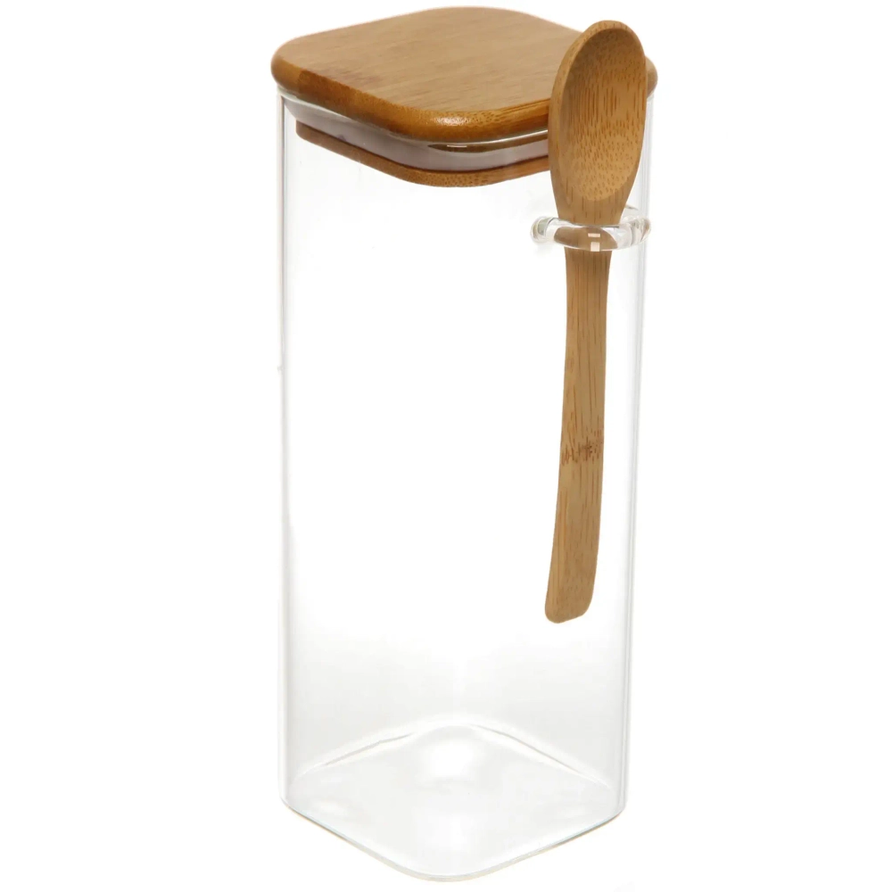 Банка для продуктов стеклянная 850мл «Хай-Тек» с бамбуковой крышкой и ложкой, квадратная 8*20см