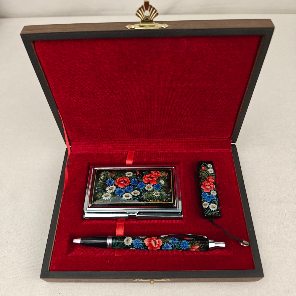 Набор "Полевые цветы" визитница, флешка и ручка Parker с ручной росписью Палех в футляре