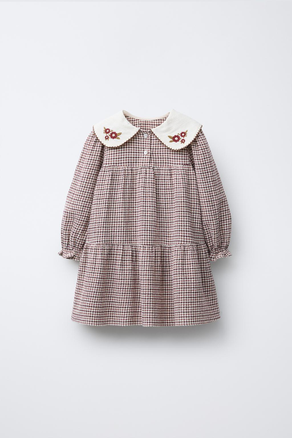 ZARA ПЛАТЬЕ В КЛЕТКУ С ВЫШИТЫМ ВОРОТНИКОМ, ТЕМНО-РОЗОВЫЙ