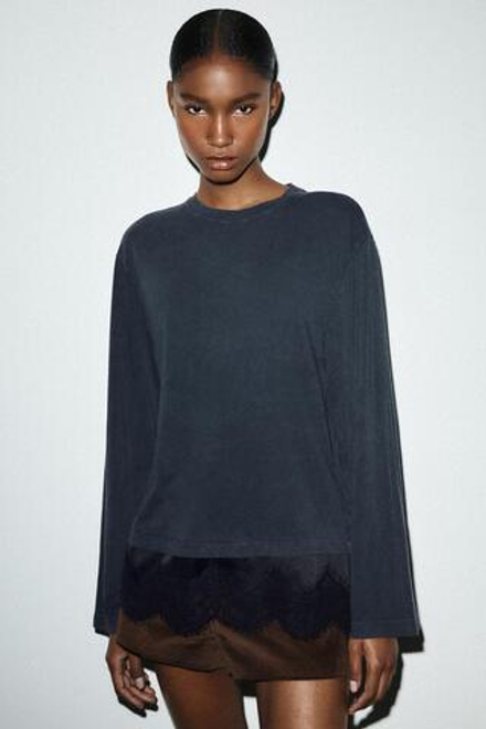 ZARA КОМБИНИРОВАННАЯ ФУТБОЛКА С КРУЖЕВОМ, ЧЕРНЫЙ