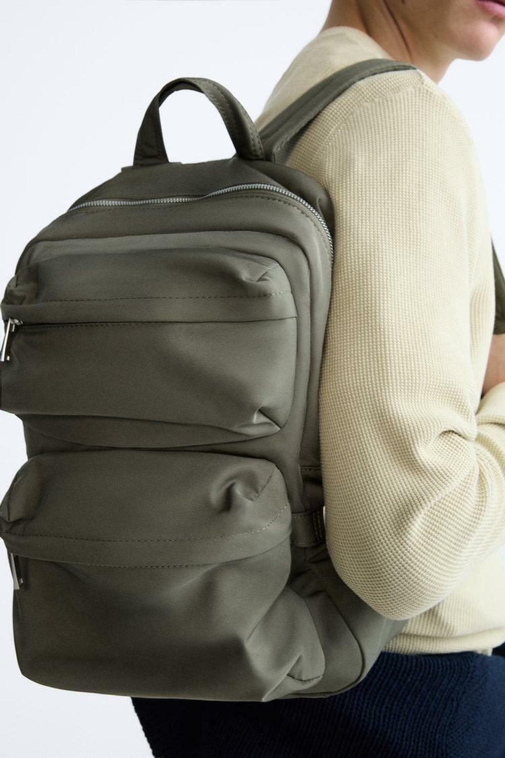 ZARA НЕЙЛОНОВЫЙ РЮКЗАК С КАРМАНАМИ, ЗЕЛЕНЫЙ