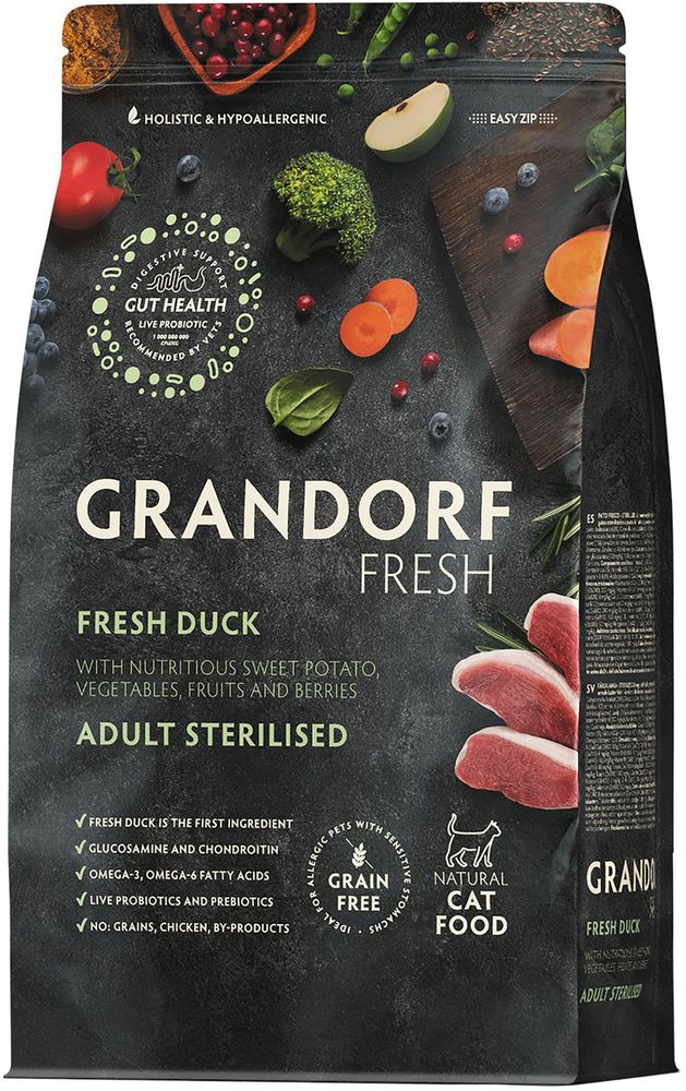 Grandorf Fresh 400гр Holistic Sretilised Duck&amp;Sweet Potato Сухой корм для стерилизованных кошек, свежее мясо утки с бататом