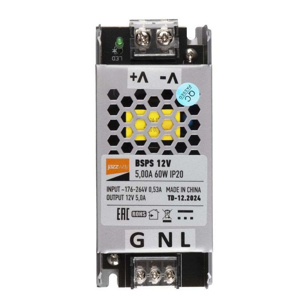 Блок питания для светодиодной ленты 60Вт 5А 12В IP20 BSPS метал. JazzWay 5024328