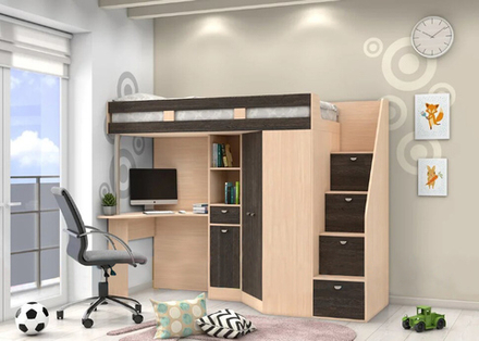 Кровать-чердак КарИВи  Голден Кидс 6  Дуб Молочный Бодего Темный