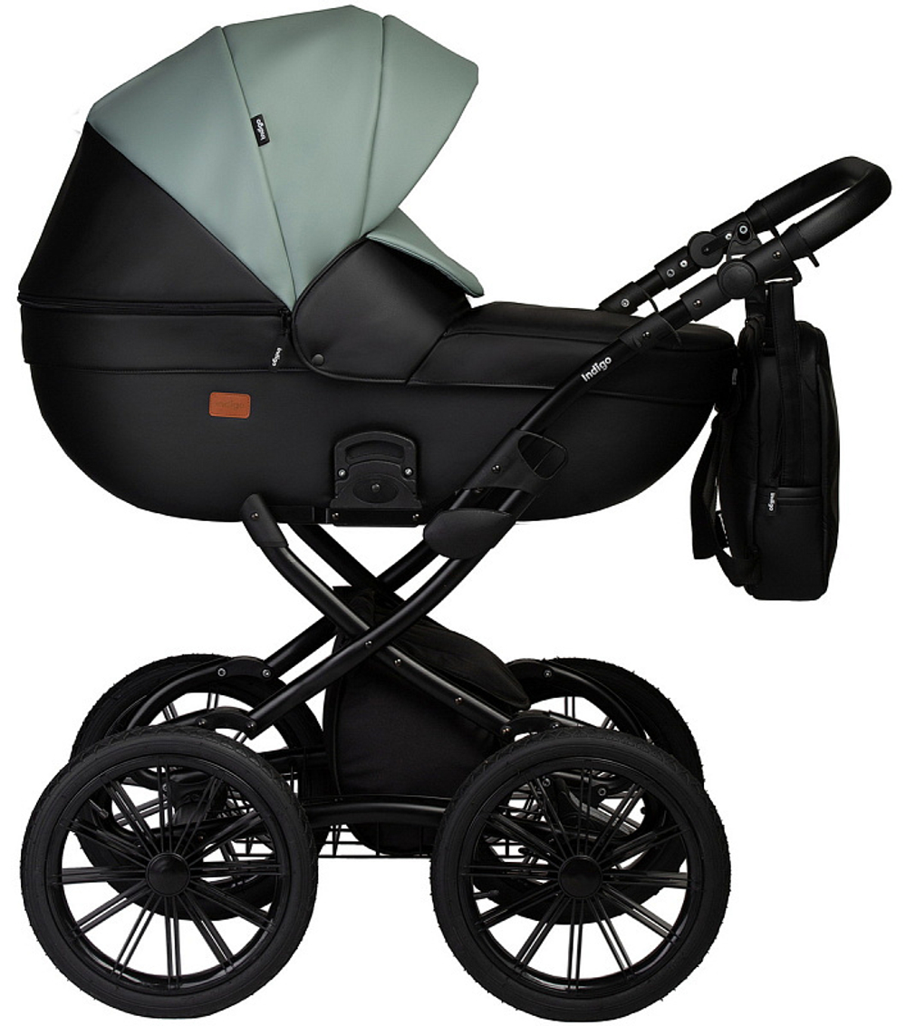 Детская коляска Indigo Mio Eco Plus 14 2 в 1 05 черная кожа+шалфей кожа