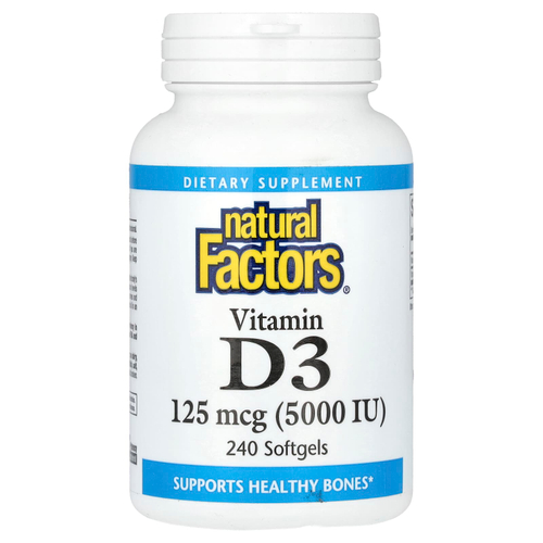 Natural Factors, Витамин D3, 125 мкг (5000 МЕ), 240 мягких таблеток