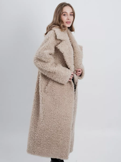 Шуба чебурашка длинная из овечьей шерсти, светло-бежевая, SilverFox