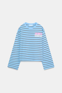 ZARA ФУТБОЛКА В ПОЛОСКУ С НАДПИСЬЮ, СИНИЙ