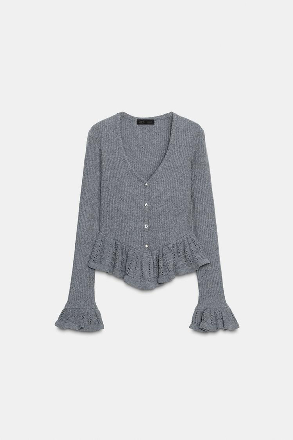 ZARА КАРДИГАН ИЗ МЯГКОЙ ТКАНИ С ВОЛАНАМИ, СЕРЫЙ МЕЛАНЖ