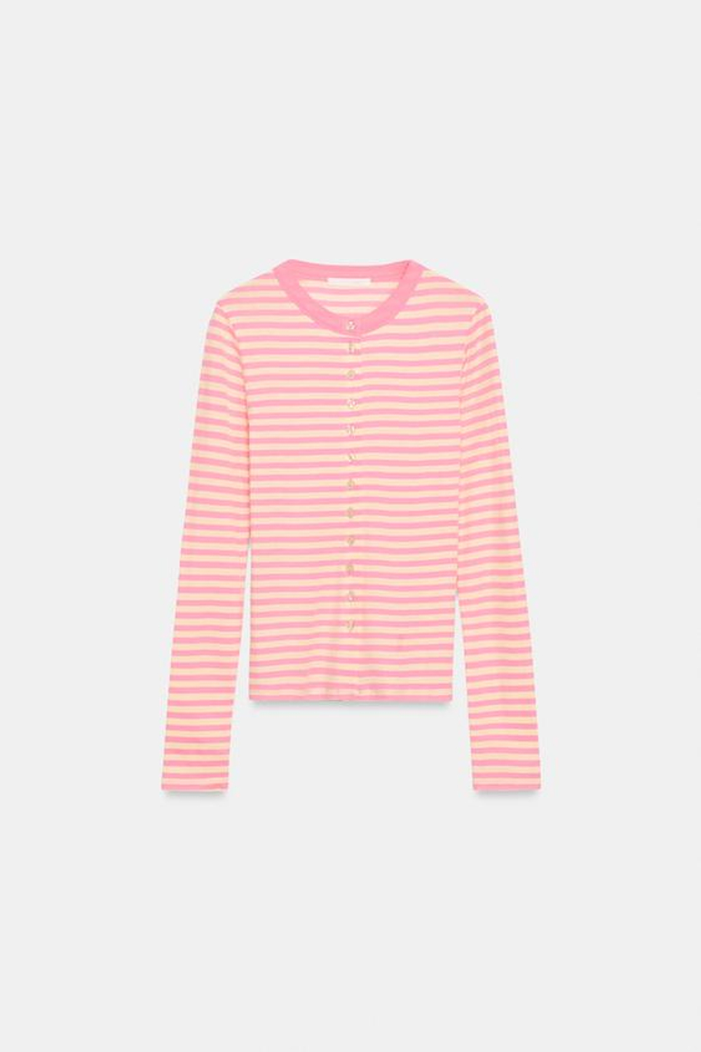 ZARA ФУТБОЛКА В ПОЛОСКУ НА ПУГОВИЦАХ, МЯГКИЙ РОЗОВЫЙ