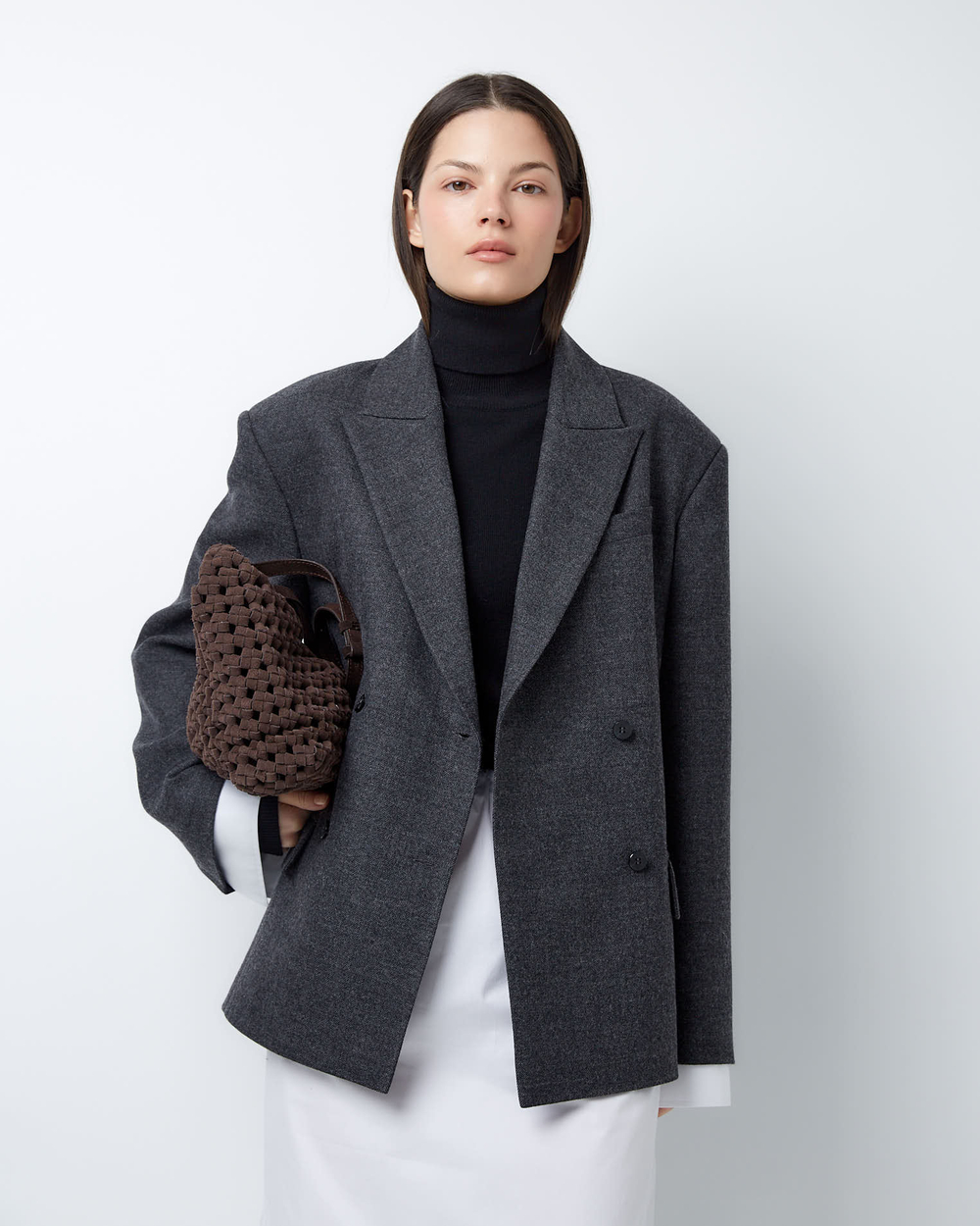 Жакет двубортный с дополнительными петлями из тонкой шерсти елочка серый