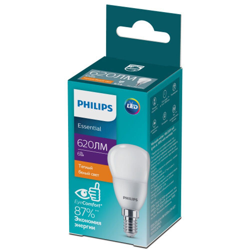 Лампочка светодиодная Philips ESS LEDLustre P45 6Вт 2700K Е14 / E14 шар матовый теплый белый свет | Philips