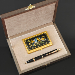 Набор "Две жар-птицы" визитница персональная с ручной росписью и ручка Parker