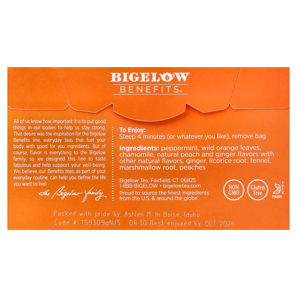 Bigelow, Benefits®, успокаивающий травяной чай, имбирь и персик, без кофеина, 18 чайных пакетиков, 40 г (1,44 унции)