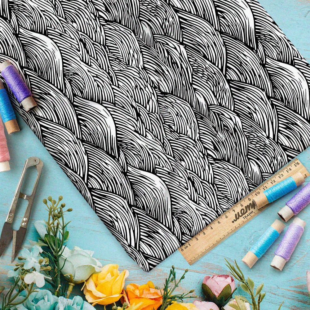 Ткань премиум шелк искусственный Армани графический океан