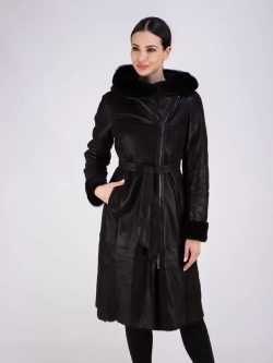 Дубленка женская зима натуральная длинная с капюшоном Турция